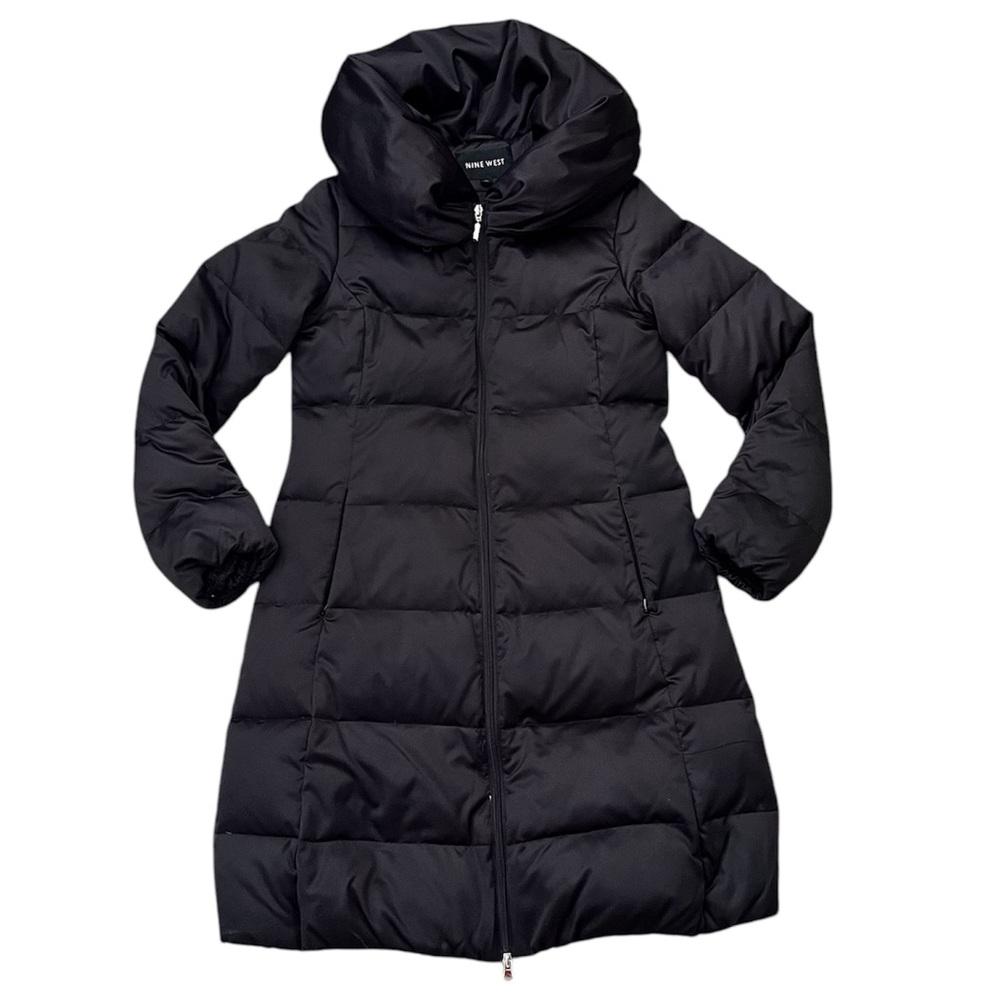 Nine West Down Coat Parka Long Black Quilted Trench S Small M Medium